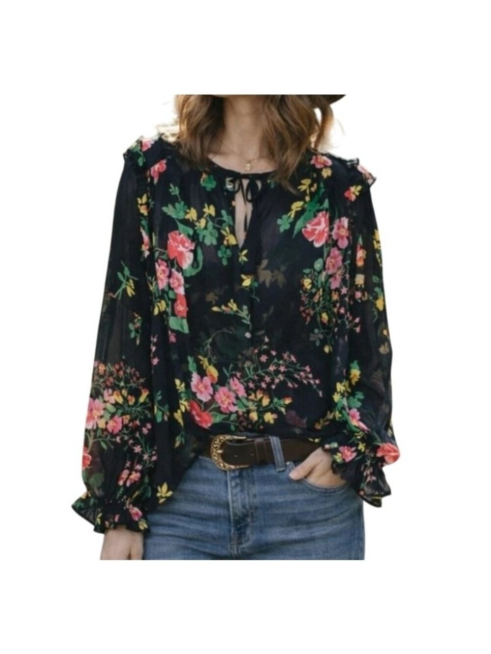 Cabi Thespian Blouse Small Sheer Floral Button Neck Long Sleeve Black Whimsigoth